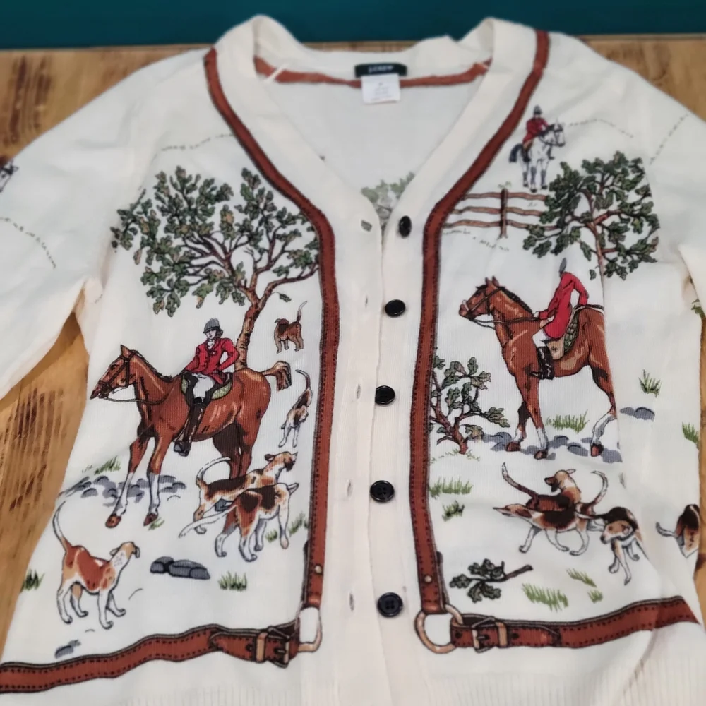 J. Crew Cream Horse/Equestrian Vintage HTF Rare Cardigan Size Med. 100% Wool - Picture 7 of 9